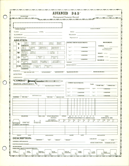 Advanced Dungeons & Dragons Archive: Permanent Character Folder