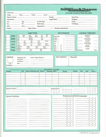 Advanced Dungeons & Dragons Archive: Character Record Sheets